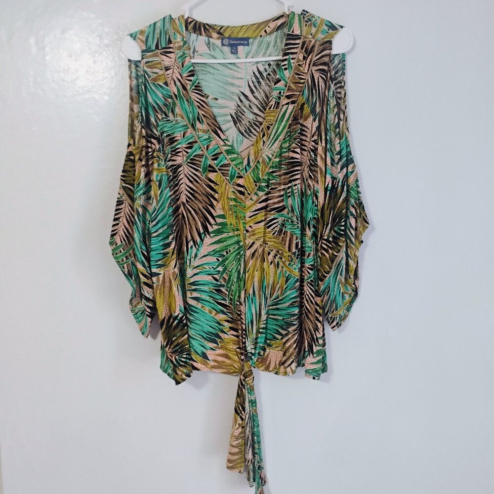 Democracy Tropical Leaf Print Cold Shoulder Tie Front Top L